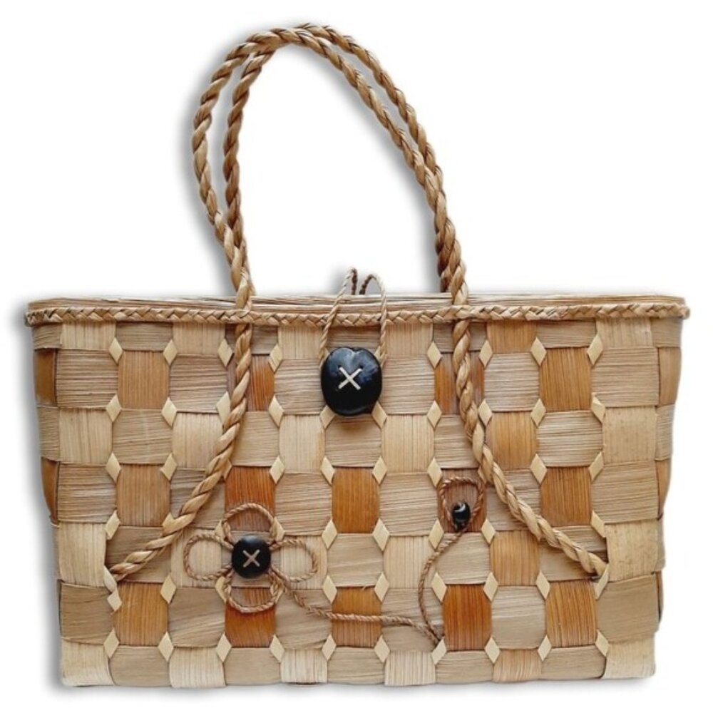 Vintage Hand Made Wide Woven Leaf Large Beach Tote Summer Bag Rope Handle Beige